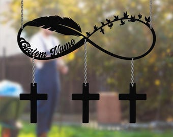 Memorial Metal Wind Chimes Personalized, Christian Sympathy Gifts, Cross Wind Chime for Garden Decor, Loss of Loved Ones gifts