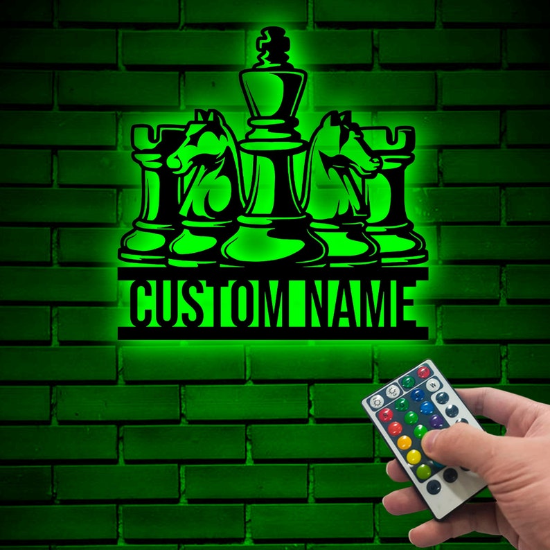 Chess Metal Wall Art With LED, Chess Player Custom Name Sign, Ches Club ...