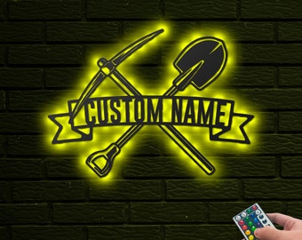 Personalized Gold Miner Metal Wall with LED light, Gold Mining Wall Sign, Gold Digger Name Sign, Xmas Gift For Dad, Coal Mining Decor