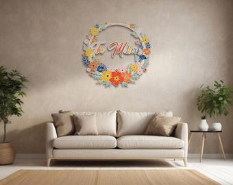Family Name Sign, Floral Wreath Sign for Home