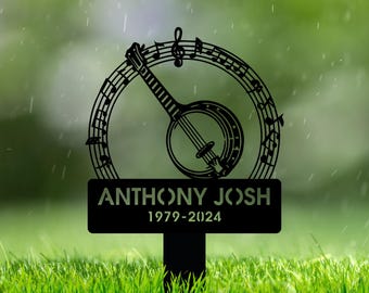 Personalized Memorial Plaques for Banjo Players, Metal Remembrance Marker, Outdoor Grave Marker, Bereavement Garden Stakes, Music Lover Sign