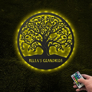 Family Name Tree Metal Wall Art Personalized, Family Sign Art, Birthday Gift for Nana, Grandpa, Gift from Grandkids, with LED Light