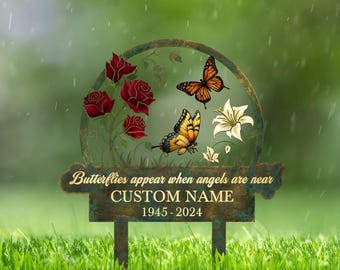 Personalized Butterfly Grave Marker, Cemetery Memorial Plaque, Metal Weatherproof for Outdoor