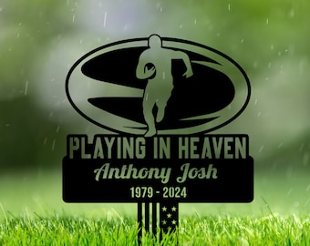 Metal Grave Marker Personalized For Rugby Player, Playing In Heaven, Sports Cross For Dad, Man, Rugby Sympathy Plaque, Outdoor Grave Marker