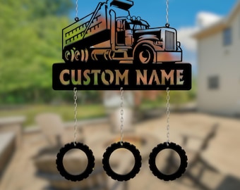Personalized Dump Truck Wind Chime, Custom Metal Name, Garden Decor for Dad Driver
