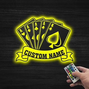 Playing Card Wall Art With Led Personalized, Casino Metal Wall Decor, Gamer Name Sign, Man Cave Sign, Gambling Hanging Wall, Poker Wall Art