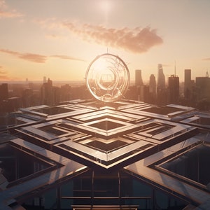 Puede incluir: Una ciudad futurista al atardecer con una gran estructura esférica transparente en el centro de una plataforma geométrica.