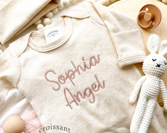 Personalized neutral baby romper, Embroidered infant hospital outfit, coming home outfit, newborn sleeper with footies, gift for baby shower