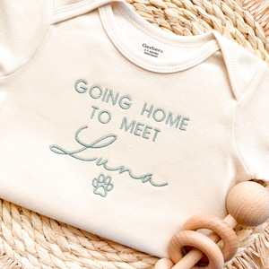 Going Home to meet My Dog Baby Onesie®, Embroidered Protected By Dog Name, Personalized Dog Name Onesie® New Best Friend Onesie®