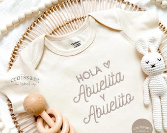 Embroidered Hola Abuelita Y Abuelito Baby Onesies®, Spanish Abuelita and Abuelito pregnancy announcement, new grandparents pregnancy reveal,