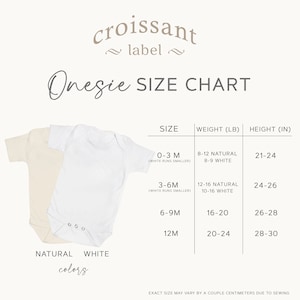 May include: A size chart for onesies in natural and white colours. The chart shows the size, weight in pounds, and height in inches for each size. The sizes are 0-3 months, 3-6 months, 6-9 months, and 12 months.