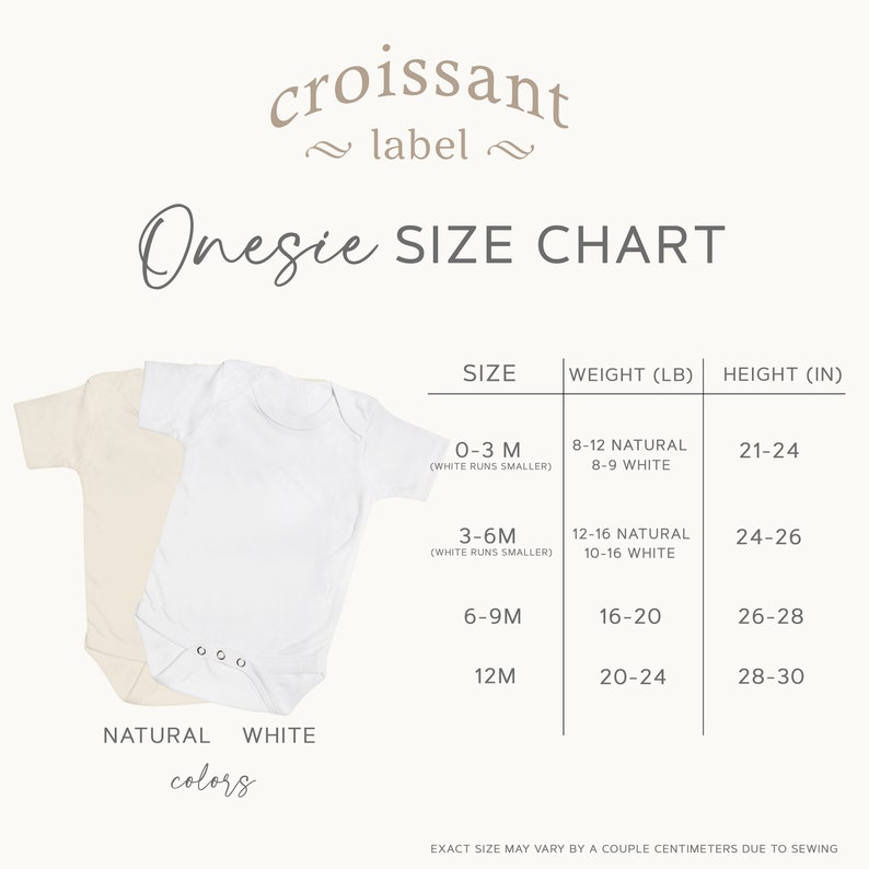 May include: A size chart for onesies in natural and white colours. The chart shows the size, weight in pounds, and height in inches for each size. The sizes are 0-3 months, 3-6 months, 6-9 months, and 12 months.