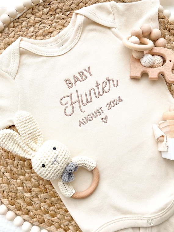 baby announcement Onesie®, Embroidered Personalized Announcement Baby Onesies®, Custom pregnancy announcement,  pregnancy reveal,