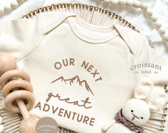 Embroidered Our next great adventure Onesie® Camping Personalized Pregnancy Announcement Baby Onesie®, Outdoor Baby Shower, Hiking Buddy,