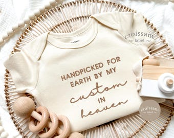 Embroidered Hand Picked for earth by My Custom In Heaven Baby Onesies®, Custom Name in Heaven Onesie® pregnancy announcement, In memory