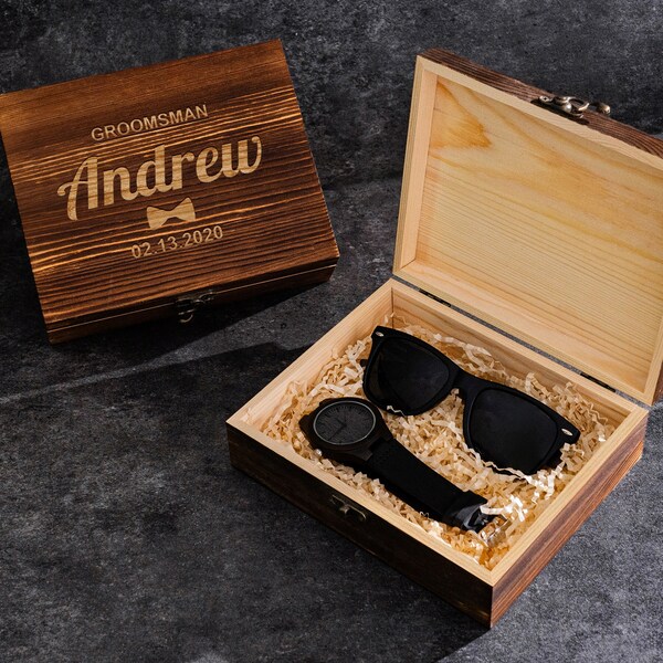 Personalized Wood Sunglasses & Watch Set with Wooden Box, Groomsmen Gifts Set, Groomsman Gift, Best Man Gift, Mens Gift, Groomsmen Proposal