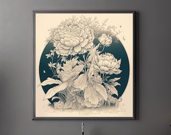 Monochromatic Peonies Line Art Print - Printable Digital Download for Home Decor