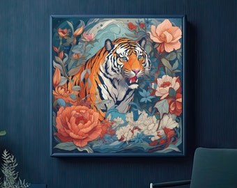Tiger in Peony Garden - Printable Digital Art for Home Decor