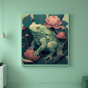 Kikker in de pioenrozen - afdrukbare digitale kunst voor Home Decor