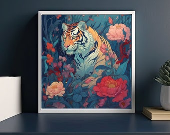 Tiger in Peony Garden - Printable Digital Art for Home Decor