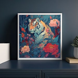 May include: A framed illustration of a tiger with orange and black stripes, surrounded by pink and white flowers. The background is a dark blue with a hint of green.