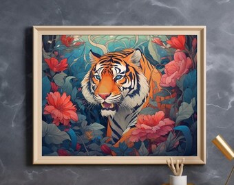 Tiger in Peony Garden - Printable Digital Art for Home Decor