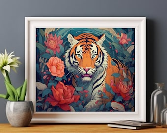 Tiger in Peony Garden - Printable Digital Art for Home Decor