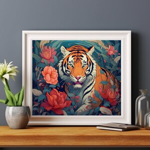 Tiger in Peony Garden - Printable Digital Art for Home Decor image 1