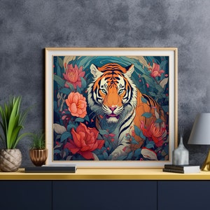 May include: A framed illustration of a tiger with orange and black stripes, surrounded by pink and red flowers. The tiger is looking directly at the viewer with a fierce expression.
