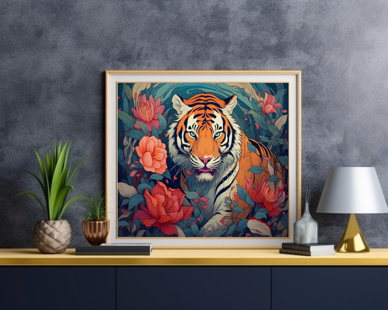 May include: A framed illustration of a tiger with orange and black stripes, surrounded by pink and red flowers. The tiger is looking directly at the viewer with a fierce expression.
