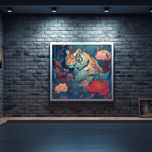 May include: A framed print of a tiger in a jungle setting with vibrant flowers. The tiger is looking directly at the viewer with a fierce expression. The background is a mix of green foliage and colorful flowers.