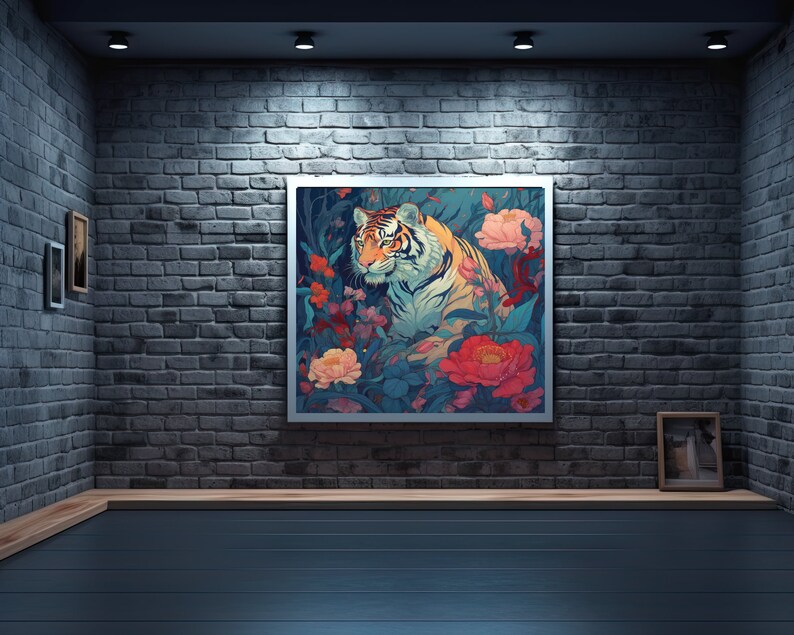 May include: A framed print of a tiger in a jungle setting with vibrant flowers. The tiger is looking directly at the viewer with a fierce expression. The background is a mix of green foliage and colorful flowers.