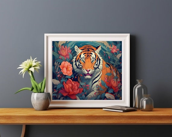 Tiger in Peony Garden - Printable Digital Art for Home Decor