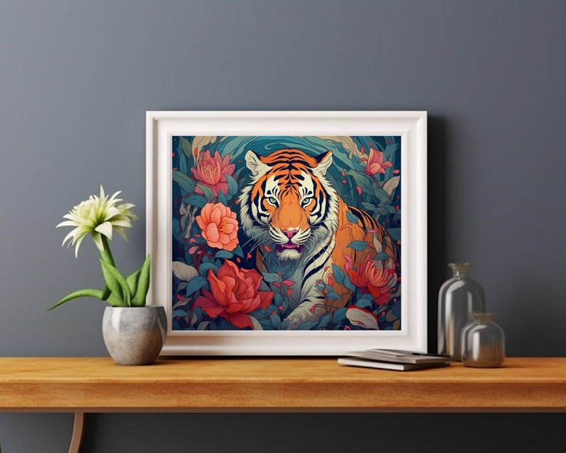Tiger in Peony Garden - Printable Digital Art for Home Decor image 1