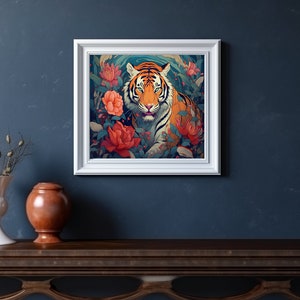 Tiger in Peony Garden - Printable Digital Art for Home Decor image 5