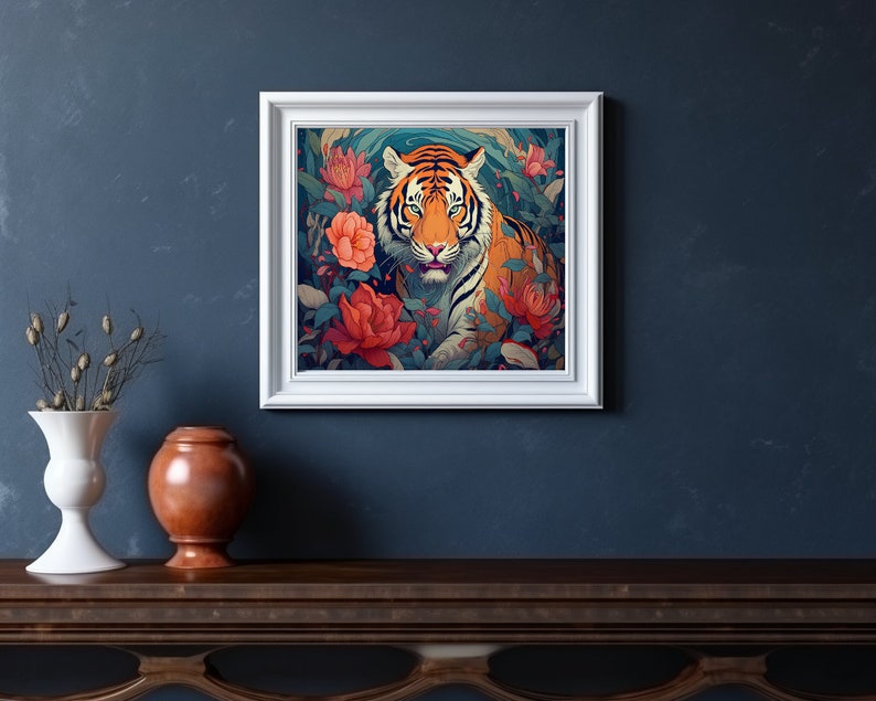 Tiger in Peony Garden - Printable Digital Art for Home Decor image 5