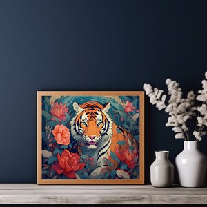 Tiger in Peony Garden - Printable Digital Art for Home Decor image 2