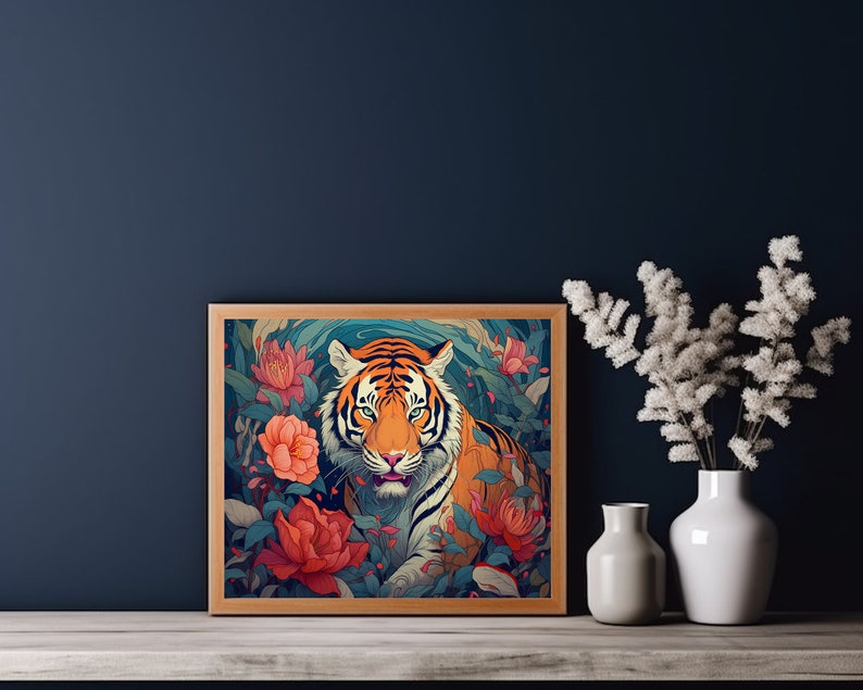 Tiger in Peony Garden - Printable Digital Art for Home Decor image 2