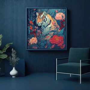 May include: A framed illustration of a tiger in a lush jungle setting with vibrant pink and red flowers. The tiger is looking to the left of the frame, with its head and shoulders visible. The background is a dark green and blue, with leaves and flowers in various shades of pink, red, and white.