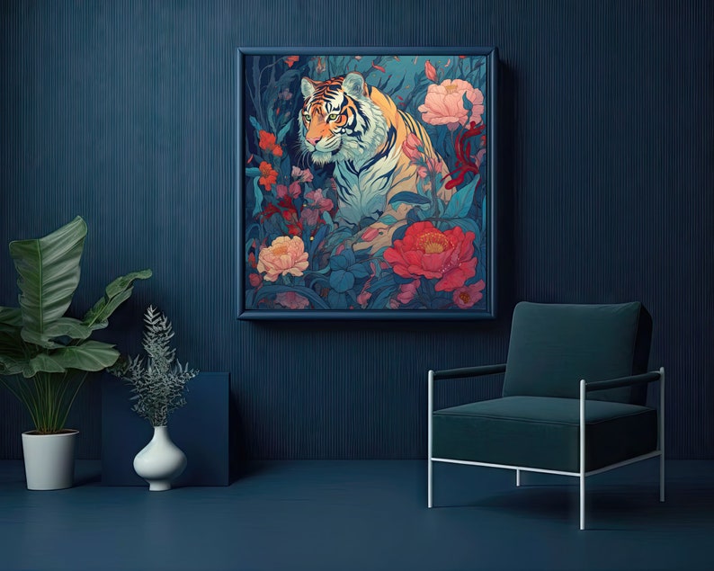 May include: A framed illustration of a tiger in a lush jungle setting with vibrant pink and red flowers. The tiger is looking to the left of the frame, with its head and shoulders visible. The background is a dark green and blue, with leaves and flowers in various shades of pink, red, and white.