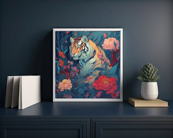 Tiger in Peony Garden - Printable Digital Art for Home Decor