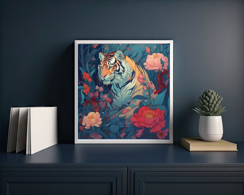 May include: A framed illustration of a tiger with orange and black stripes, surrounded by pink and white flowers. The background is a dark blue with a hint of green.