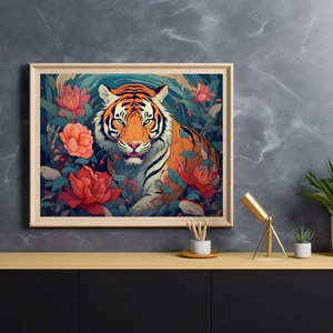 May include: A framed illustration of a tiger with orange and black stripes, surrounded by lush green foliage and pink flowers. The tiger's face is visible, with a fierce expression.