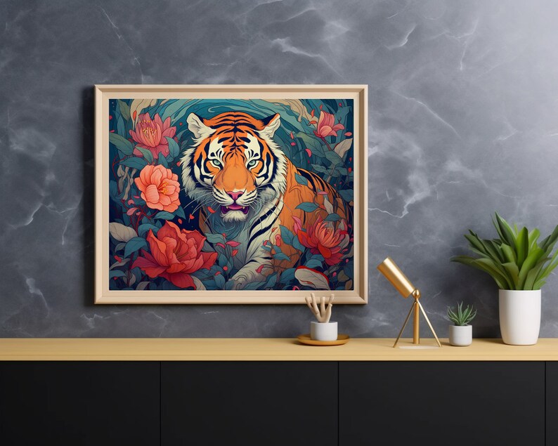 May include: A framed illustration of a tiger with orange and black stripes, surrounded by lush green foliage and pink flowers. The tiger's face is visible, with a fierce expression.