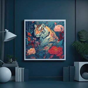 May include: A framed print of a tiger with orange and black stripes, surrounded by pink and purple flowers. The tiger is looking to the left of the image.