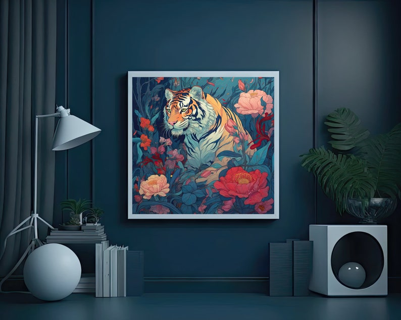 May include: A framed print of a tiger with orange and black stripes, surrounded by pink and purple flowers. The tiger is looking to the left of the image.