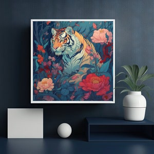 May include: A digital painting of a tiger in a lush jungle setting. The tiger is orange and black with white stripes and is looking to the left. The jungle is filled with vibrant green leaves, pink and red flowers, and a blue sky.