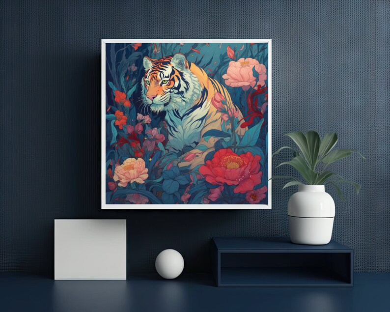 May include: A digital painting of a tiger in a lush jungle setting. The tiger is orange and black with white stripes and is looking to the left. The jungle is filled with vibrant green leaves, pink and red flowers, and a blue sky.