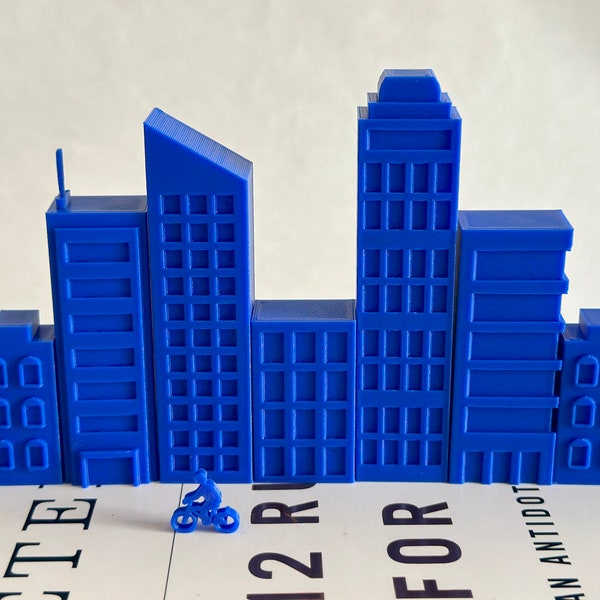Cityscape Set B: 3D Print -  7 Miniature Buildings in Various Architectural Styles - in Blue and White