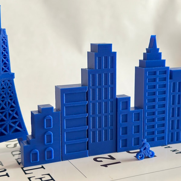 Cityscape Set A: 3D Print - 7 Miniature Buildings in Various Architectural Styles - in Blue and White